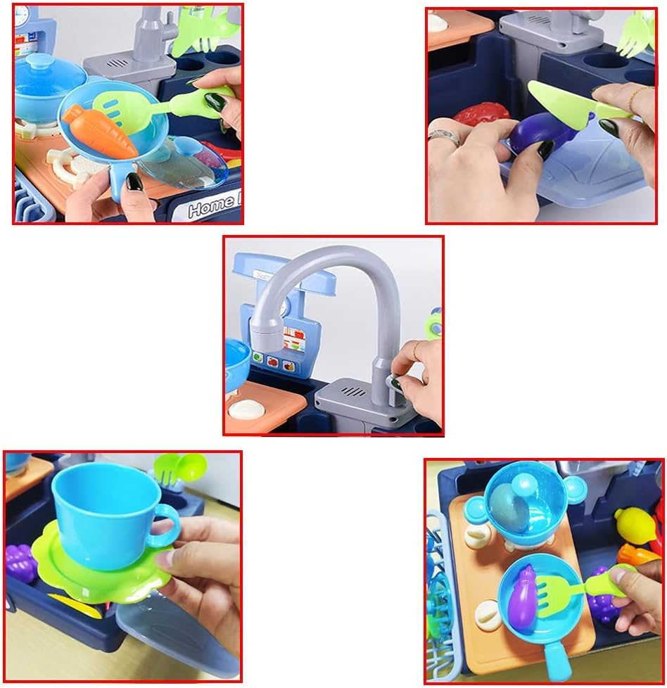 Image of Electric Kitchen Play Sink with Water Circuit, Dishwasher, Toys with Simulated Tap and Included Kitchen Accessories for Children (Blue)