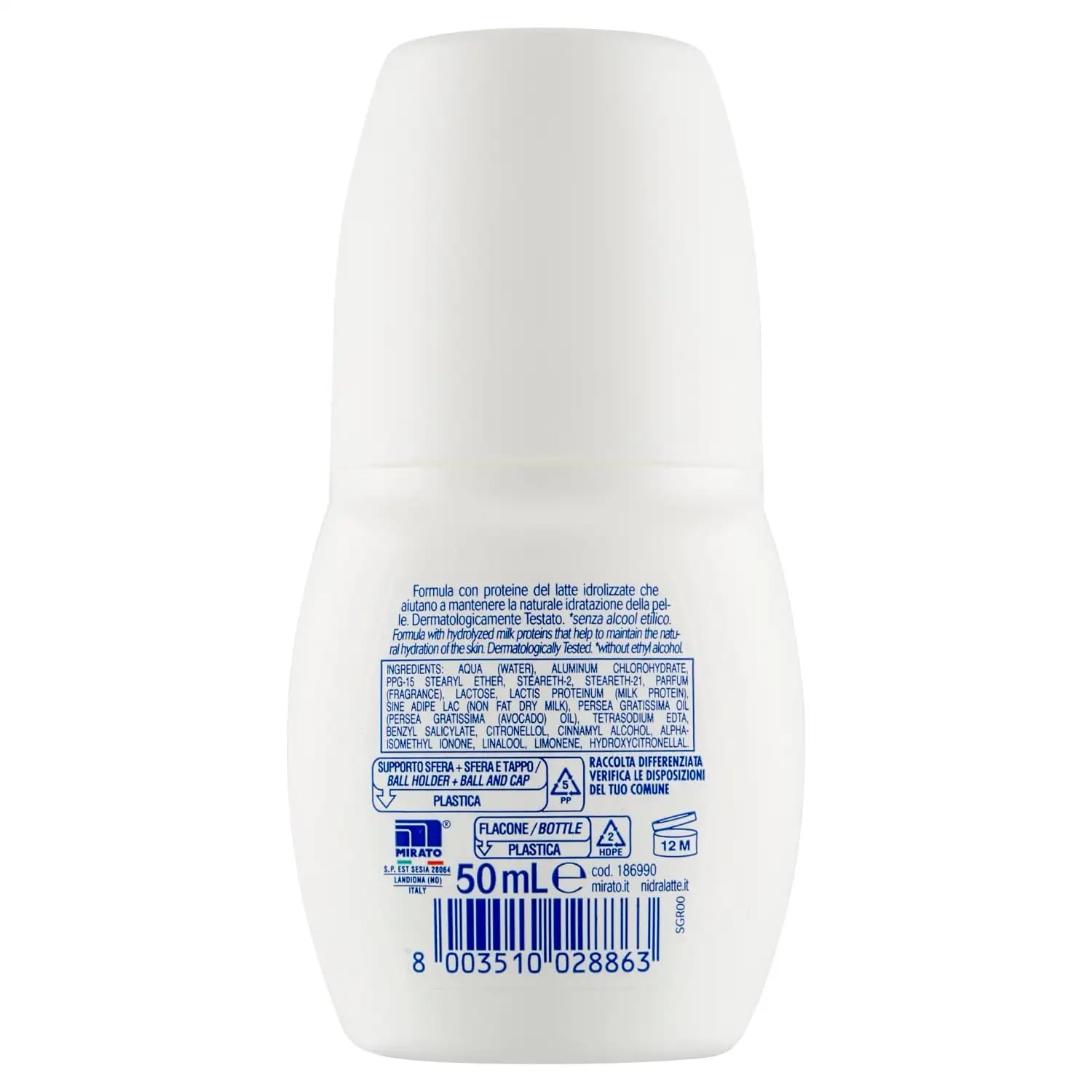 12x Nidra Deodorante Deolatte Idratante Deodorant Roll-On mit Milchproteinen 0% Alkohol 50ml + Beni Culinari Kostenloser Schlüsselanhänger