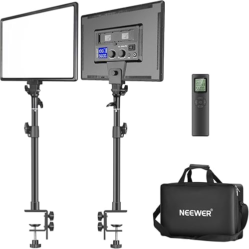 Neewer Kit de soporte de luz LED de video de 90 W con control remoto inalámbrico de 2.4 GHz, paquete de 2 unidades de 45 W regulable bicolor de 18