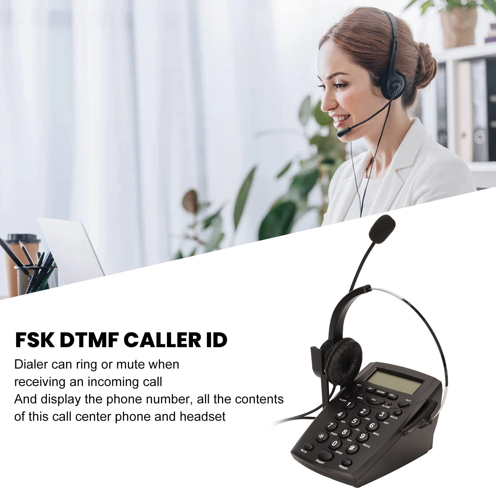 Telefono per Call Center, Telefono con Filo con Cancellazione del Rumore Microfono Auricolare, Tastierino FSK DTMF ID Chiamante, Volume Regolabile, Telefonico Auricolare