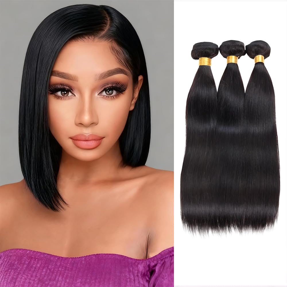 Tessitura brasiliana capelli umani fasci umani umani capelli naturali meche tessitura 3 fasci dritti 100% capelli umani naturali neri 10 12 14 pollici (Total 210g)