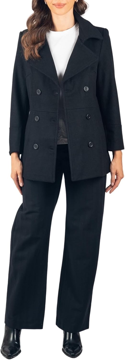 Woman Models Black Wool Overcoat and Trousers
