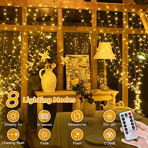 Ollny Curtain Lights For Bedroom - 200Led 6.6X6.6Ft Fairy Lights Curtain With 8 Modes Timer Remote, Usb Power, Waterproof Hanging String Lights For Backdrop Wedding Party Wall Decorations, Warm White #TOP3