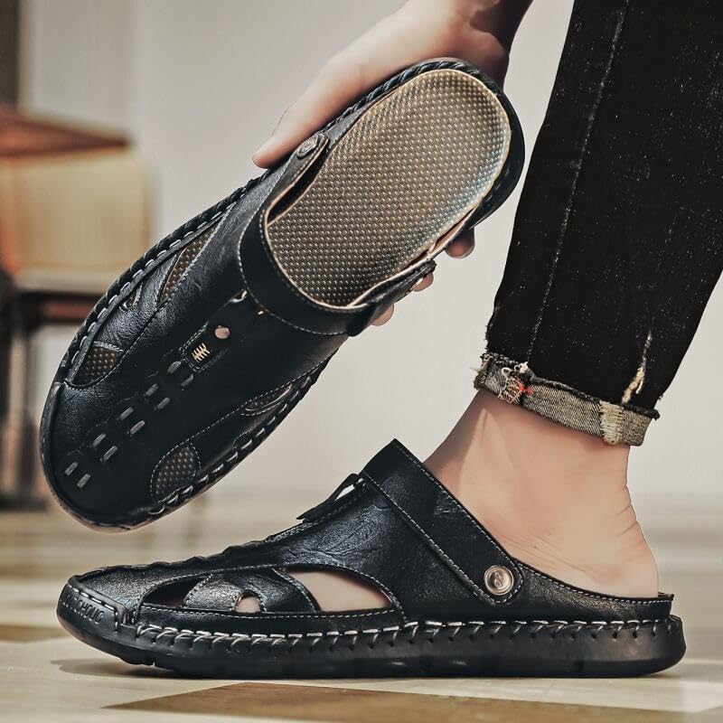 Men's Casual Leather Sandals Handcrafted Adjustable Fisherman Style with Zipper Accent Summer Beach Walking4