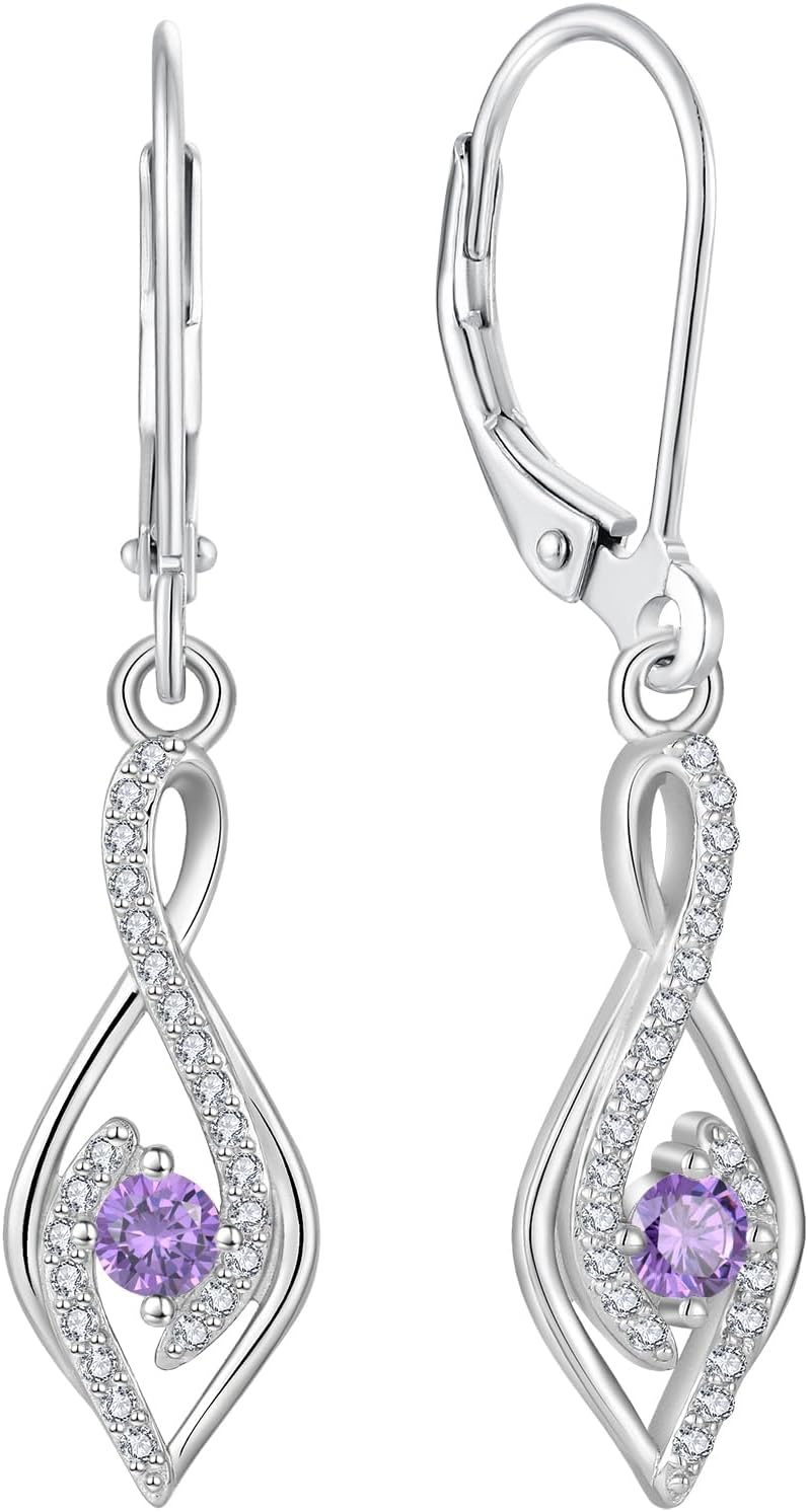 Women Earrings, 925 Sterling Silver 5A Cubic Zirconia Infinity Dangle Drop Earrings with Birthstone for Her Mom Mother Wife Jewelry Gifts