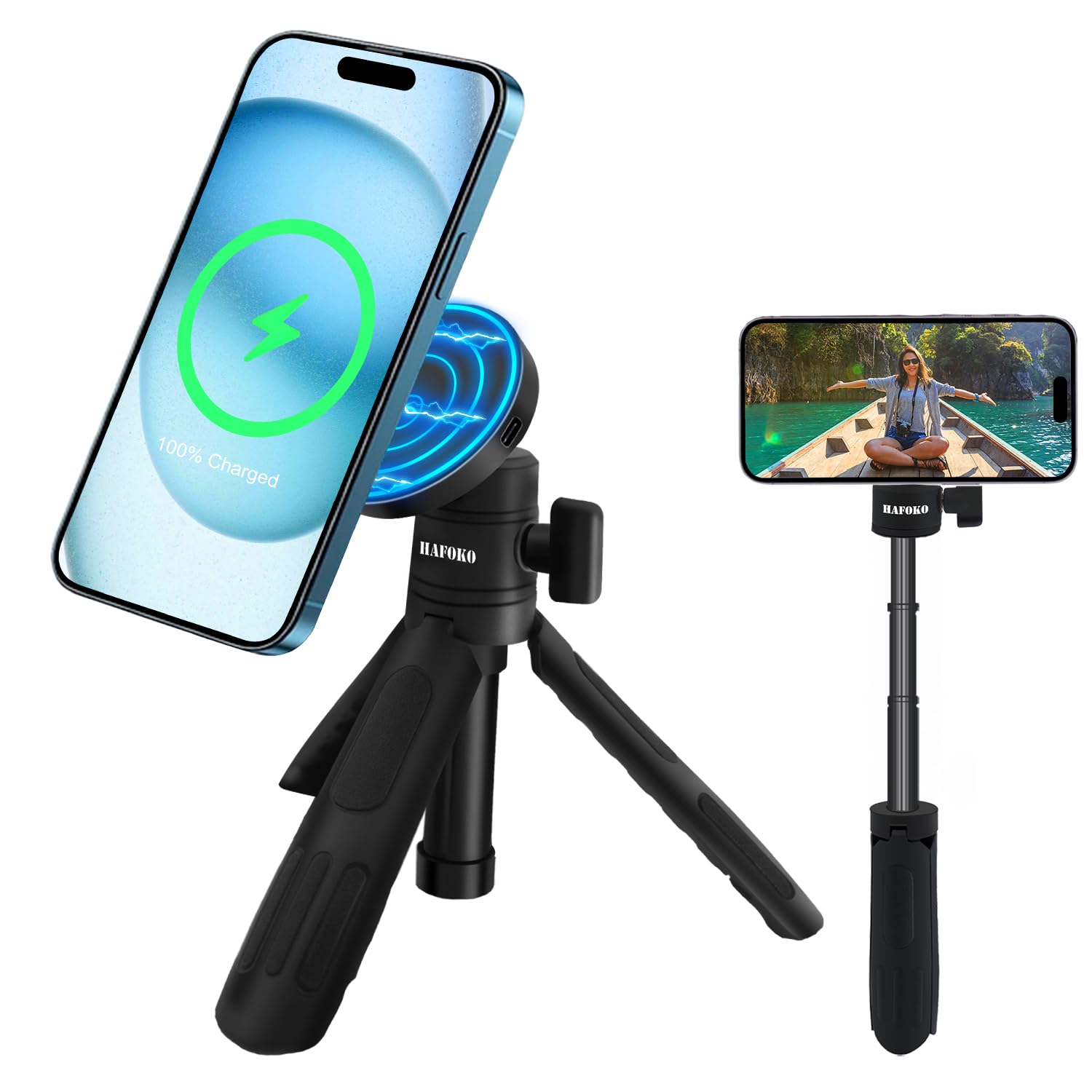 HAFOKO Magnetic Cell Phone Selfie Stick Tripod with 1/4" Magnetic Wireless Charging Mount Extendable Mini Desktop Smartphone Tripod compatibel for