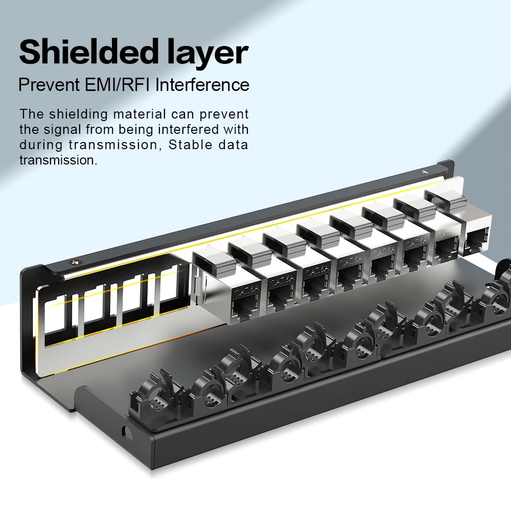 Panel de conexión de 12 puertos CAT6A Keystone Patch Panel de conexión blindado con gestión inteligente de cables para red doméstica/oficina (1U 12 puertos, CAT6A)