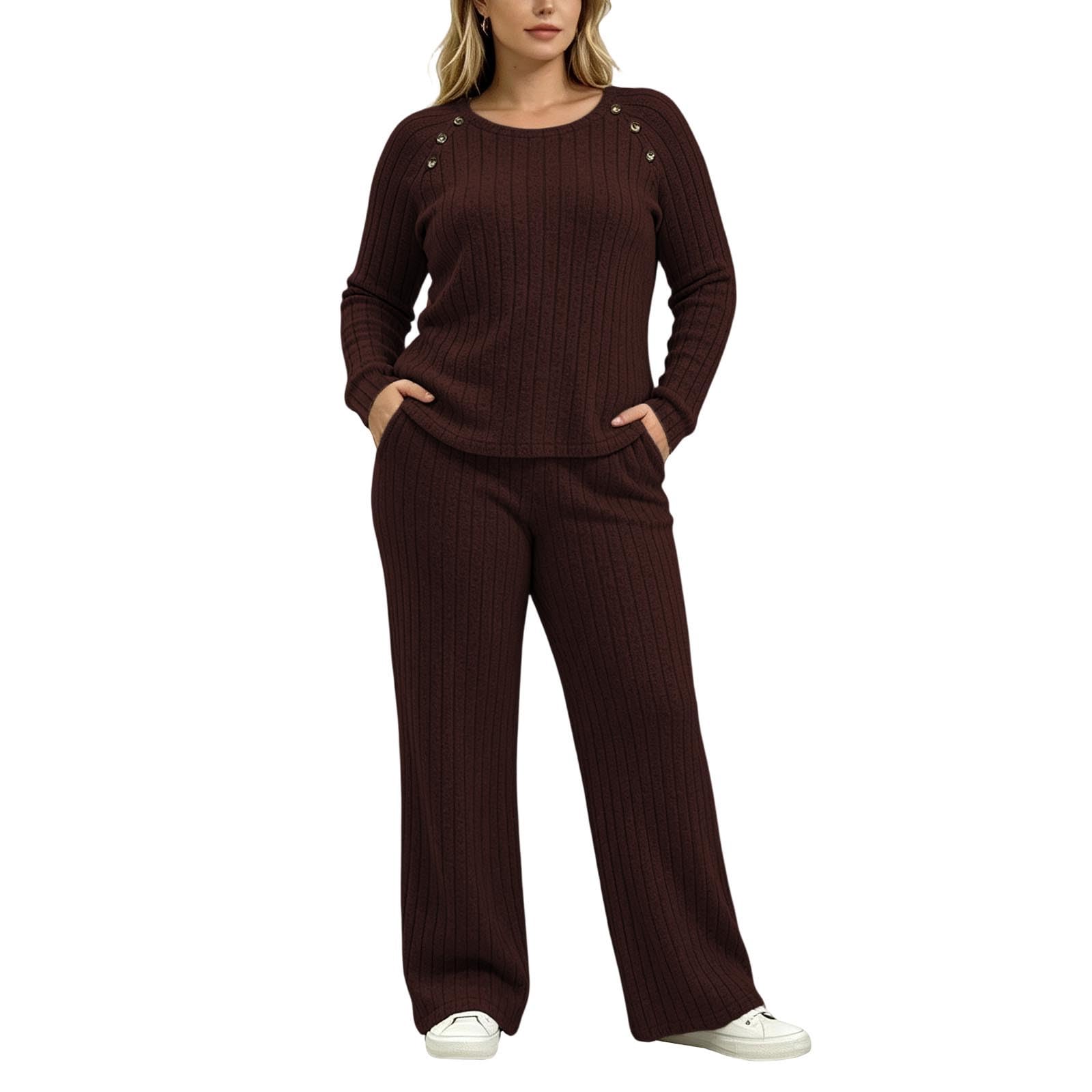 Genérico Conjunto de Punto Elegante con Pantalón y Suéter de Botones