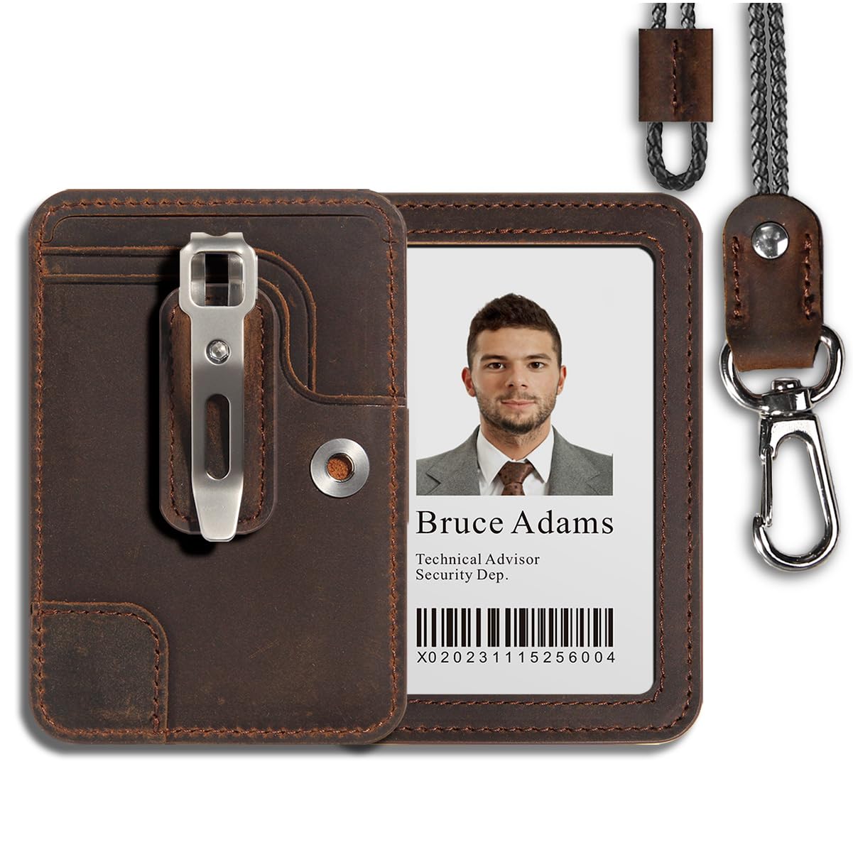 Minimalist Slim Leather Badge Holder with Lanyard for Men Women, Vertical & Horizontal ID Credit Card Wallet with 3 Card Slots, Metal Money Clip, for Work Office School — image 1