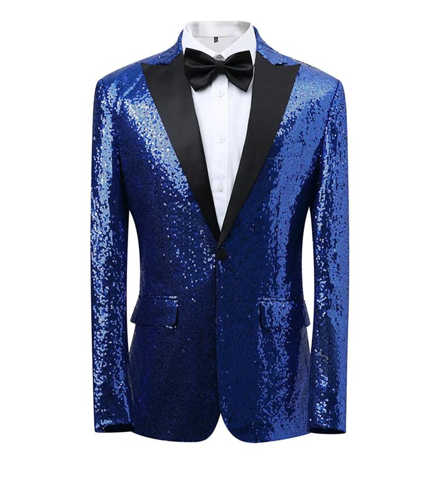 Men Sequin Tuxedo Suit with Black Lapel and Pants for Party Prom Silver M2