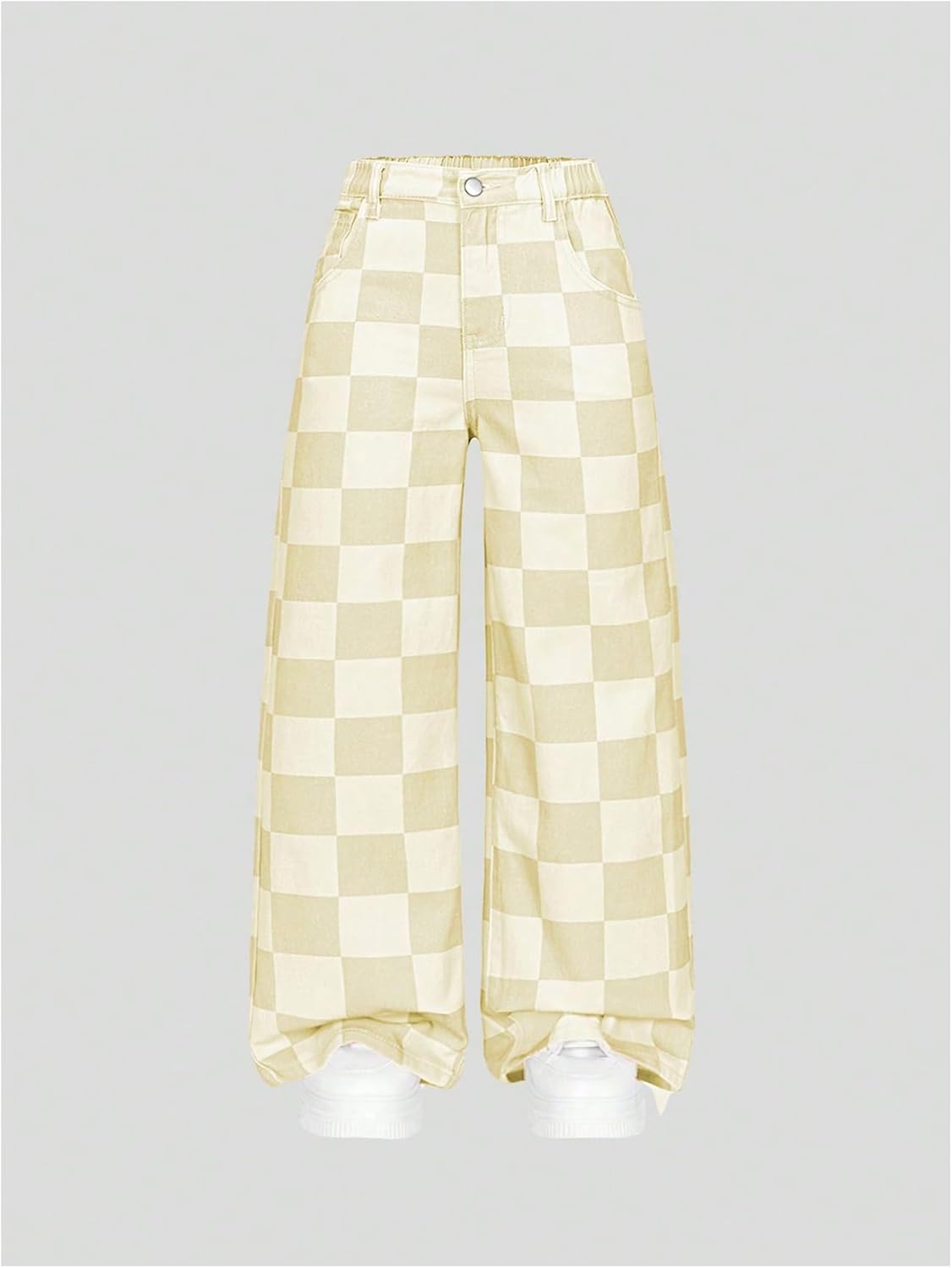 WDIRARA Girl's Checkered Straight Leg Baggy Jeans Elastic High Waist Denim Pants - Image 3