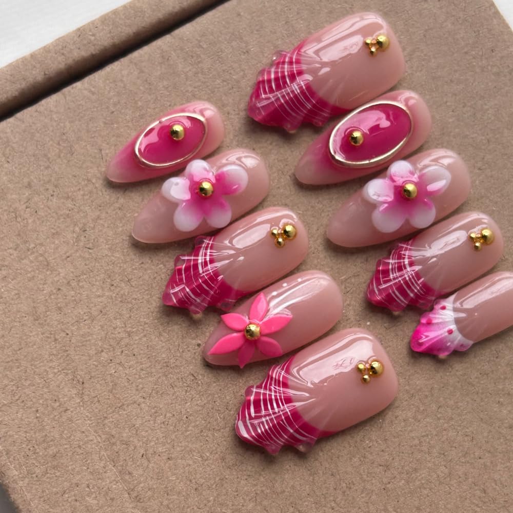 Press On Nails, Medium Almond Handmade Unique French Fake Nails, Thick Acrylic and Muti-Layer Gel False Nails - Image 2