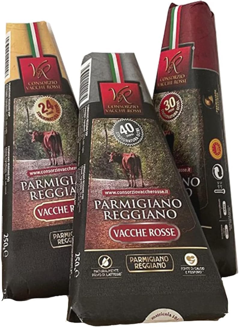 Consorzio Vacche Rosse - Parmigiano Reggiano DOP Vacche Rosse Razza Reggiana - 3 Stagionature, 24, 30 e 40 Mesi in Confezione Regalo con Coltellino - 3 x 250 g
