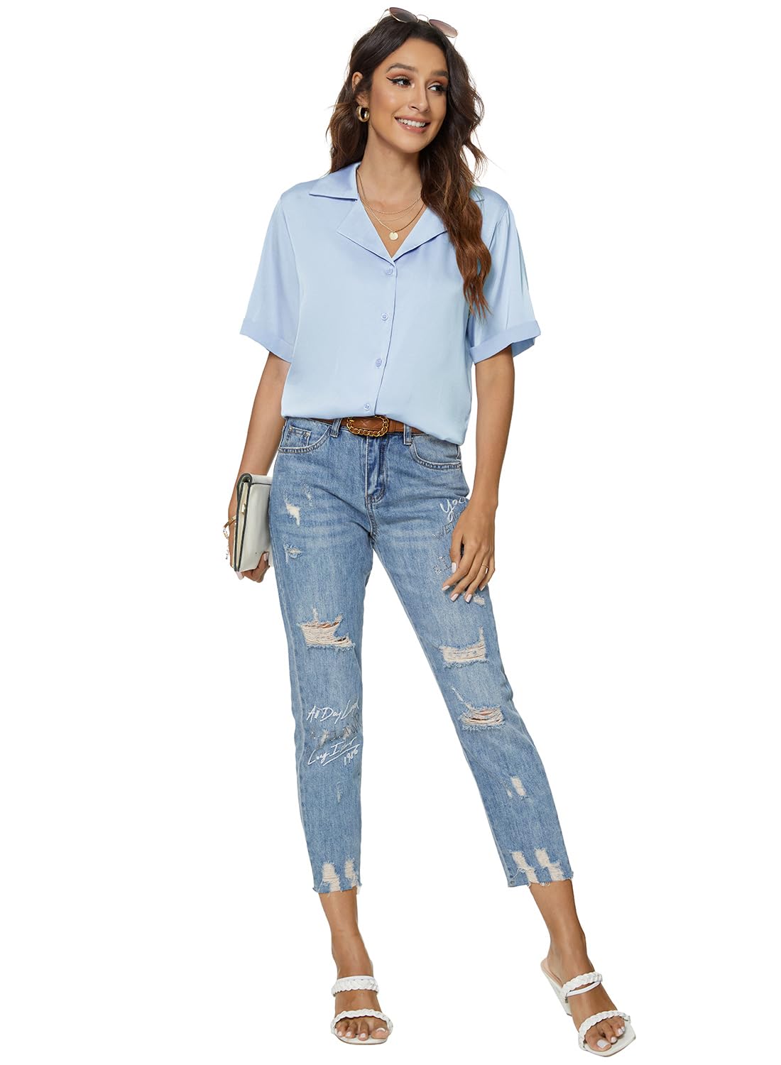 Atnlewhi Chemisier pour femme à manches courtes boutonnées en satin et soie - Style décontracté - Pour le travail - Pour l'été