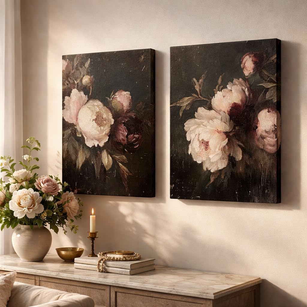 KKJ Vintage Floral Canvas Wall Art Set of 2, Dark Moody Peony Rose Painting Prints, Canvas Wrapped Wall Decor for Living Room Bedroom Bathroom, 12 x 16 Inch Each
