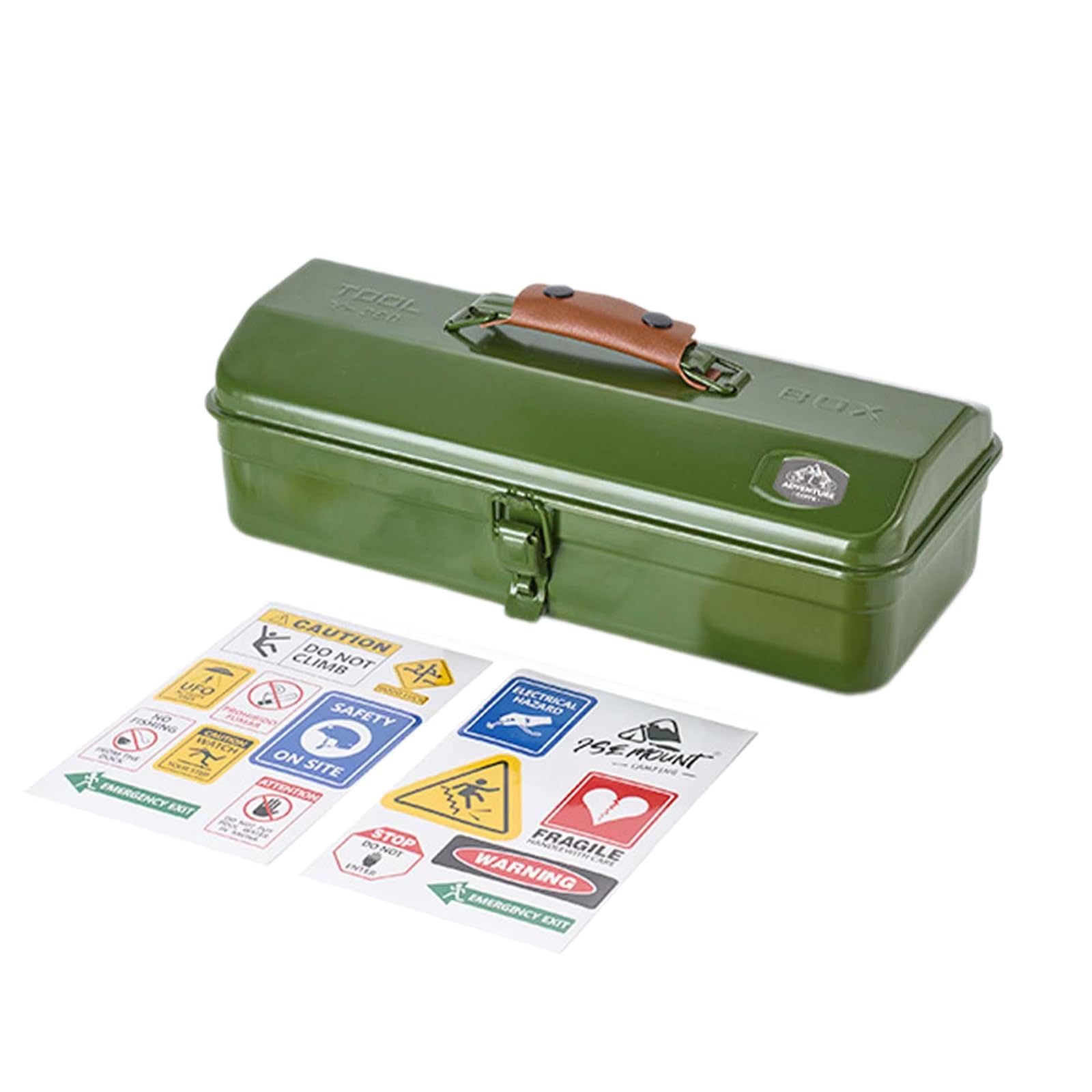 Caja de herramientas de metal con calcomanías, pequeñas cajas de herramientas portátil, caja de almacenamiento de metal de mano, caja de herramientas de metal para exteriores