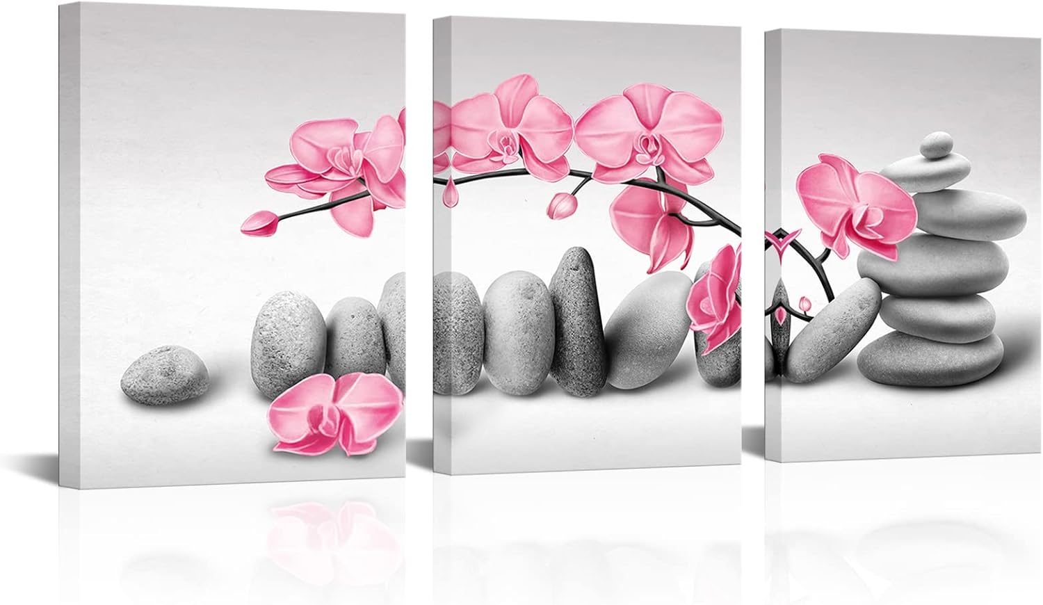 SkenoArt 3 Piece Orchid Flower Painting Wall Art Zen Stones Pink Floral Pictures Prints Peaceful Meditation Artwork Home Bedroom Bathroom Yoga Room Spa Decoration Ready to Hang