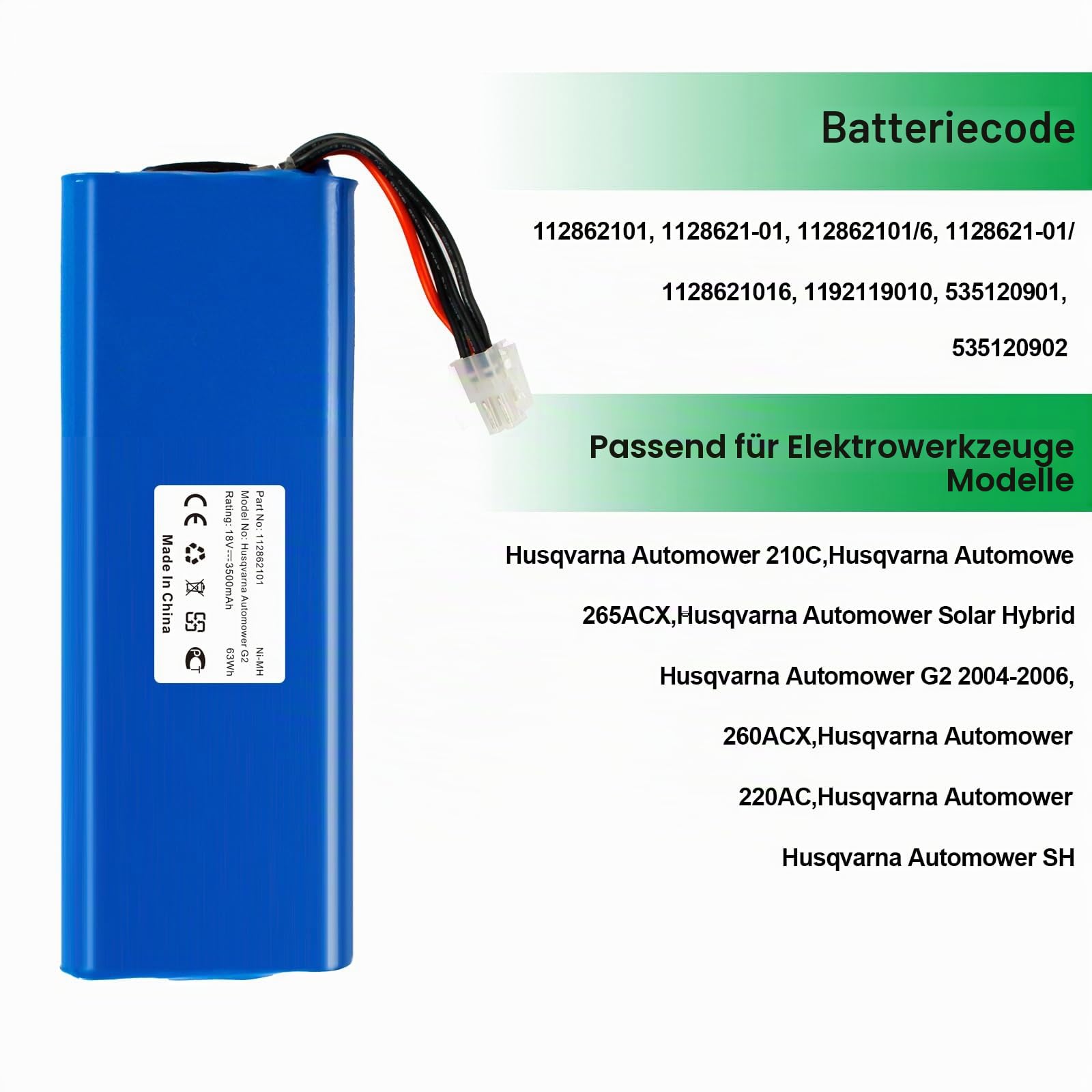 18V 3500mAh Ni-MH Akku für Husqvarna Automower 210C 220AC 230ACX 260ACX 265ACX SH G2(2004-2006) Solar Hybrid 112862101 AU-18C AU-18V 535120902 540059602 2 5400 059601 535120901 1192119010