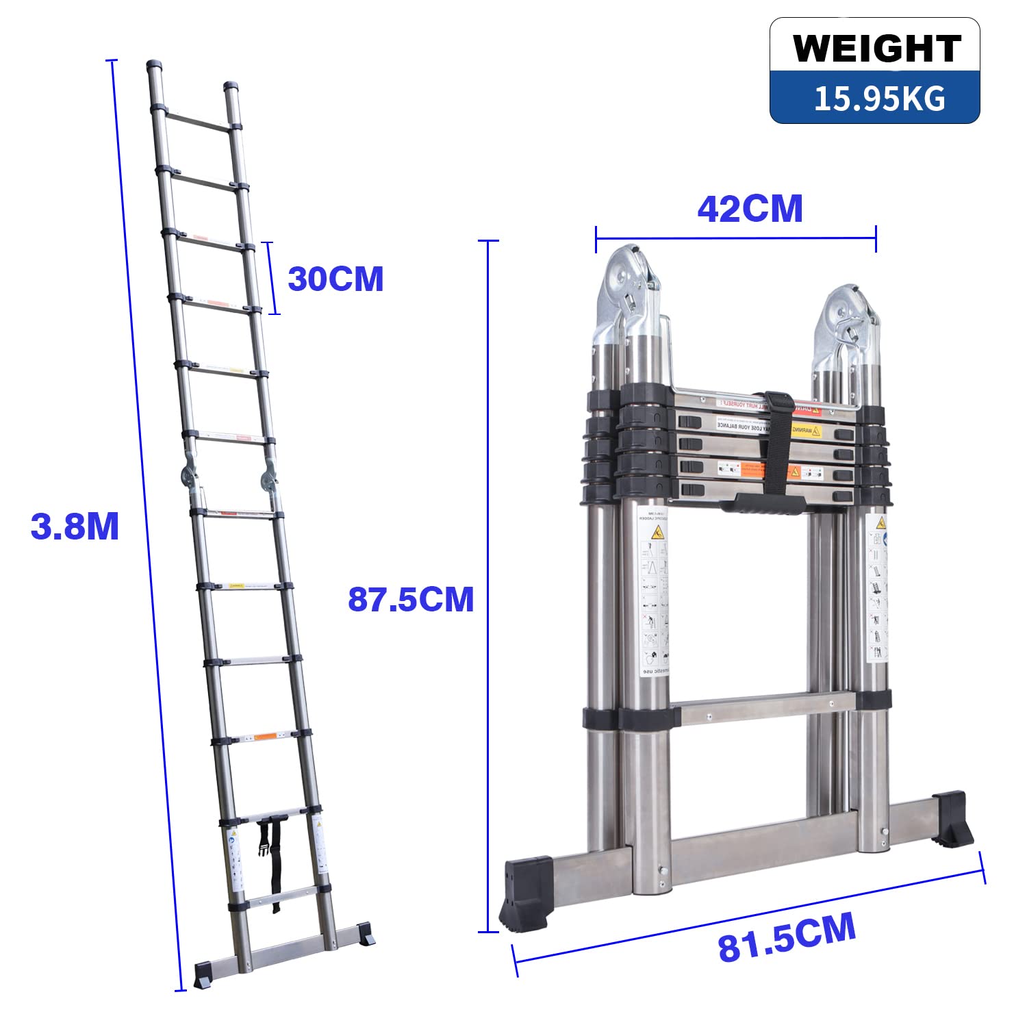 3,8M(1,9+1,9M) Teleskopleiter Klappleiter Anlegeleiter Schiebeleiter Mehrzweck-Leiter Teleskop-Design Ausziehbare Tragbar Klappbar Leiter EN131 150kg Belastbarkeit