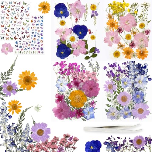 Soodyoow 200 Pcs Dried Pressed Flowers with Butterfly Stickers for Resin Real Natural Pressed Flowers Kit for Epoxy Resin Jewelry Making Candle & Soap Making Nail Art Card Scrapbook