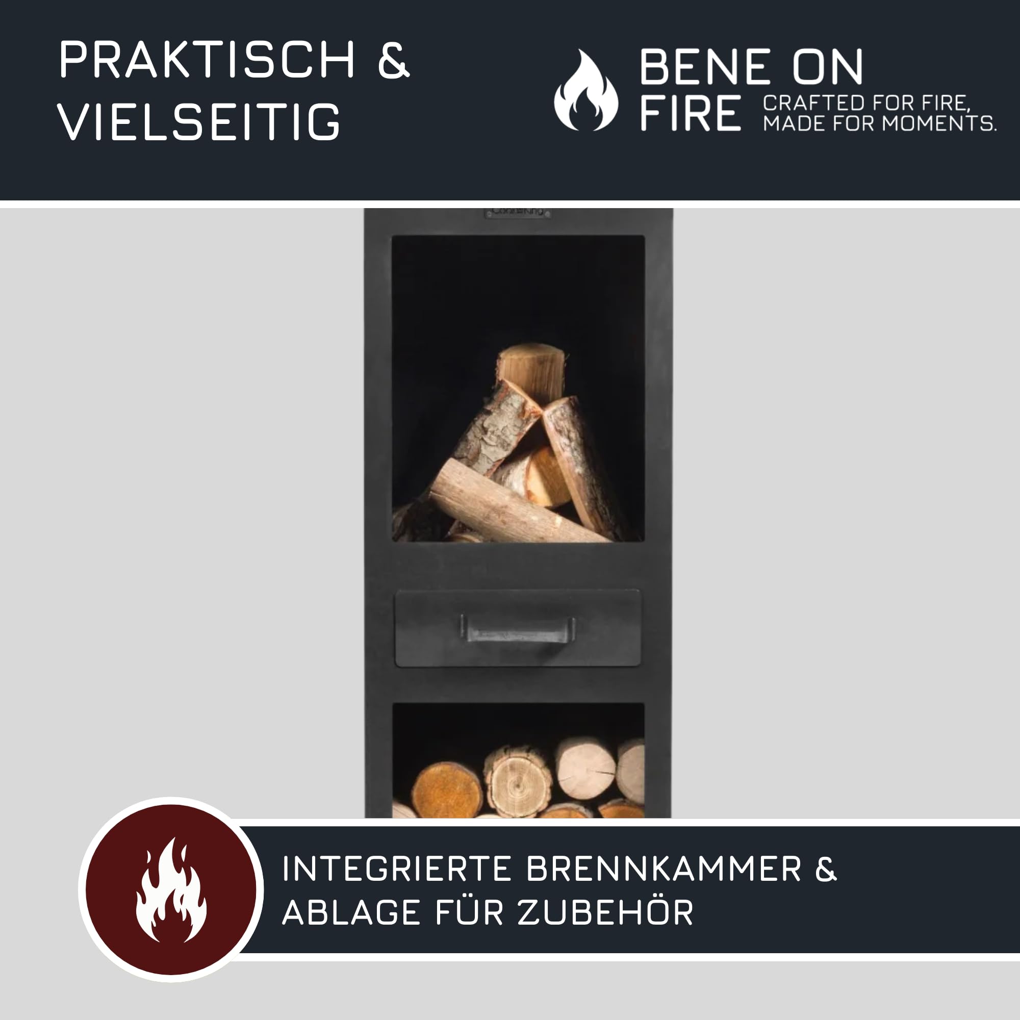 BENE ON FIRE Terrassenofen Delaware 150 cm | Gartenkamin Outdoor Kaminofen modern | Gartenofen mit Brennkammer und Holzlager | Terrassenkamin Stahl schwarz | Feuerofen für die Terrasse Gartenparty