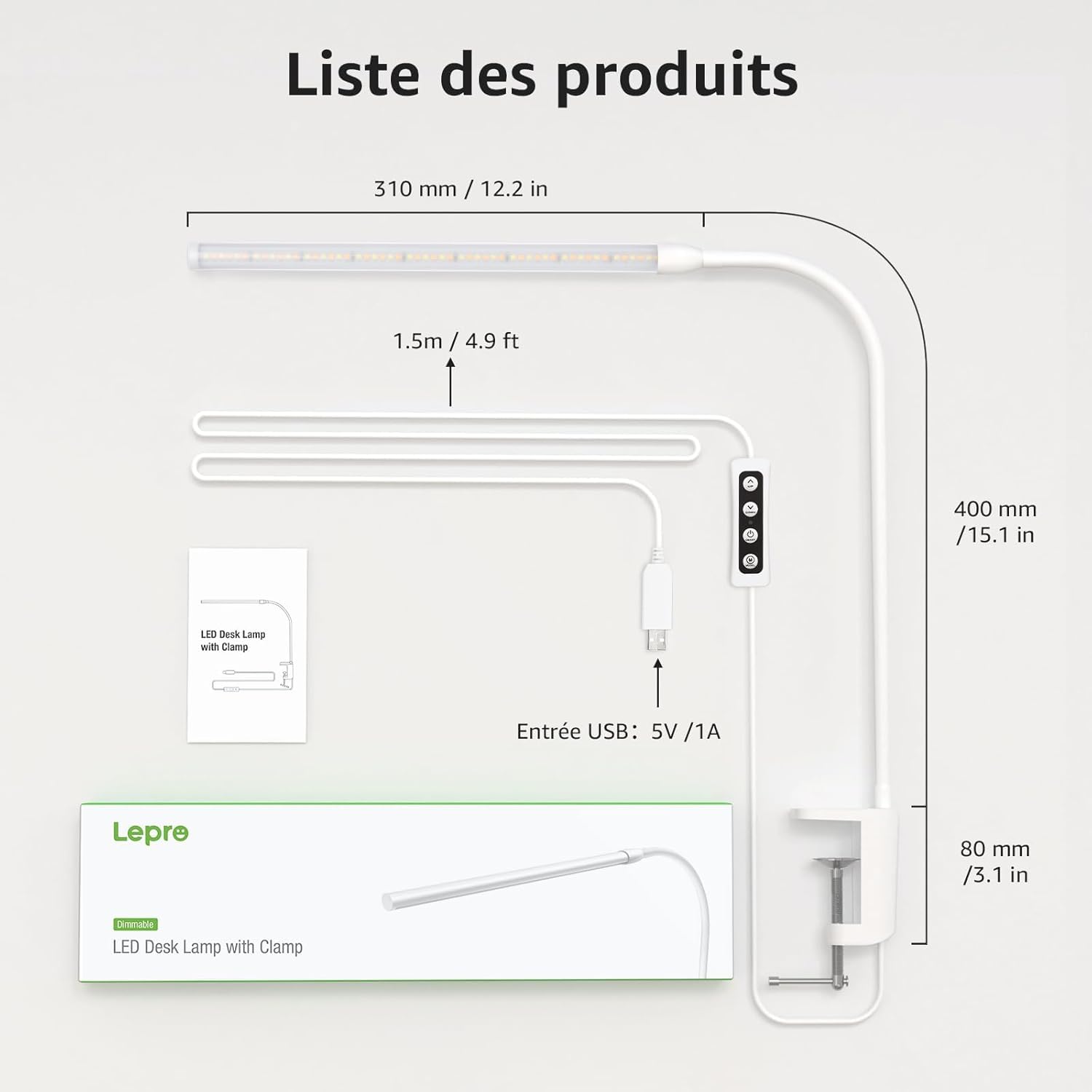 Lepro Lampe de Bureau 460 lm, Lampe Bureau USB 54 LEDs, 3 Modes Couleur x 10 Niveaux de Luminosité, Flexible 360°, Lampe Clipsable pour le Bureau, le Chevet, l'étude (Blanc)