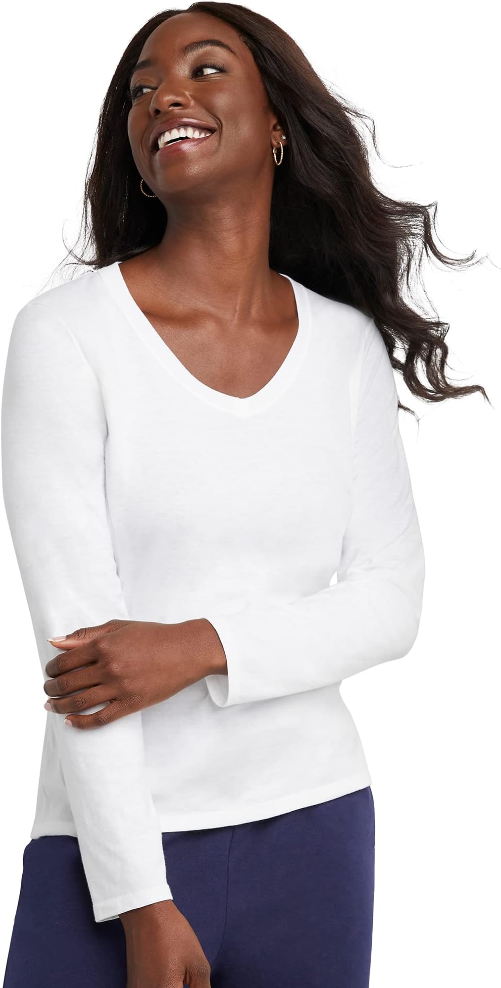 Hanes Women's Long Sleeve Cotton V-Neck T-Shirt, Lightweight V-Neck Tee, Modern Fit