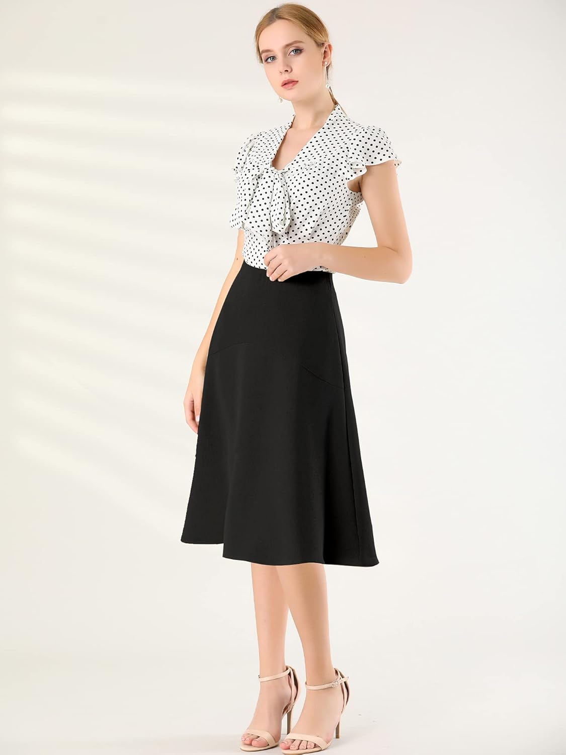 Allegra K Women's Polka Dots Tops Summer Ruffled Cap Sleeve Casual Office Bow Tie Neck Blouse - Image 2