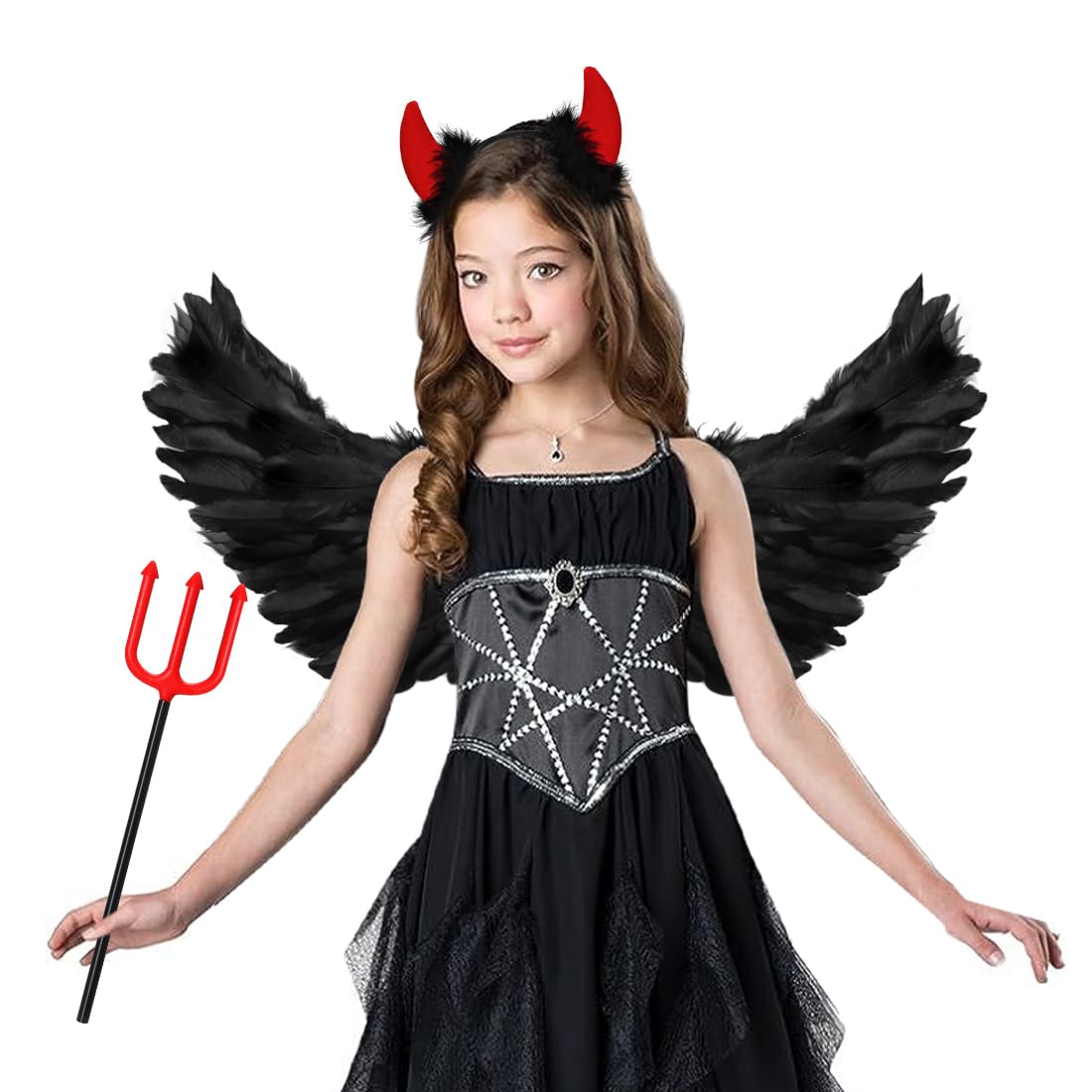 Costume Diable Avec Ailes Noires Et Cornes - Déguisement Halloween Ou Fête