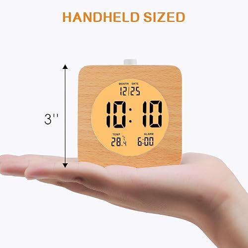 Miniatura 7 de Plumeet Reloj despertador digital de madera para dormitorios, reloj despertador de madera con batería de 4 pulgadas con repetición y luz nocturna,