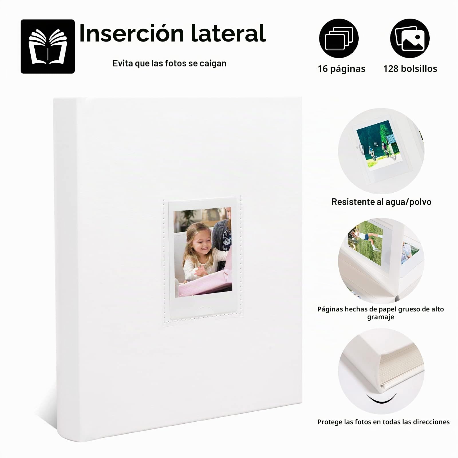 Ruibytree Álbum de Fotos 128 Bolsillos para Instax Mini y Polaroid, Blanco | Espacio para Escribir, Cubierta Rígida de PU, Páginas de Alto Gramaje, Ventana Frontal, Carga Superior, Libro de Recuerdos
