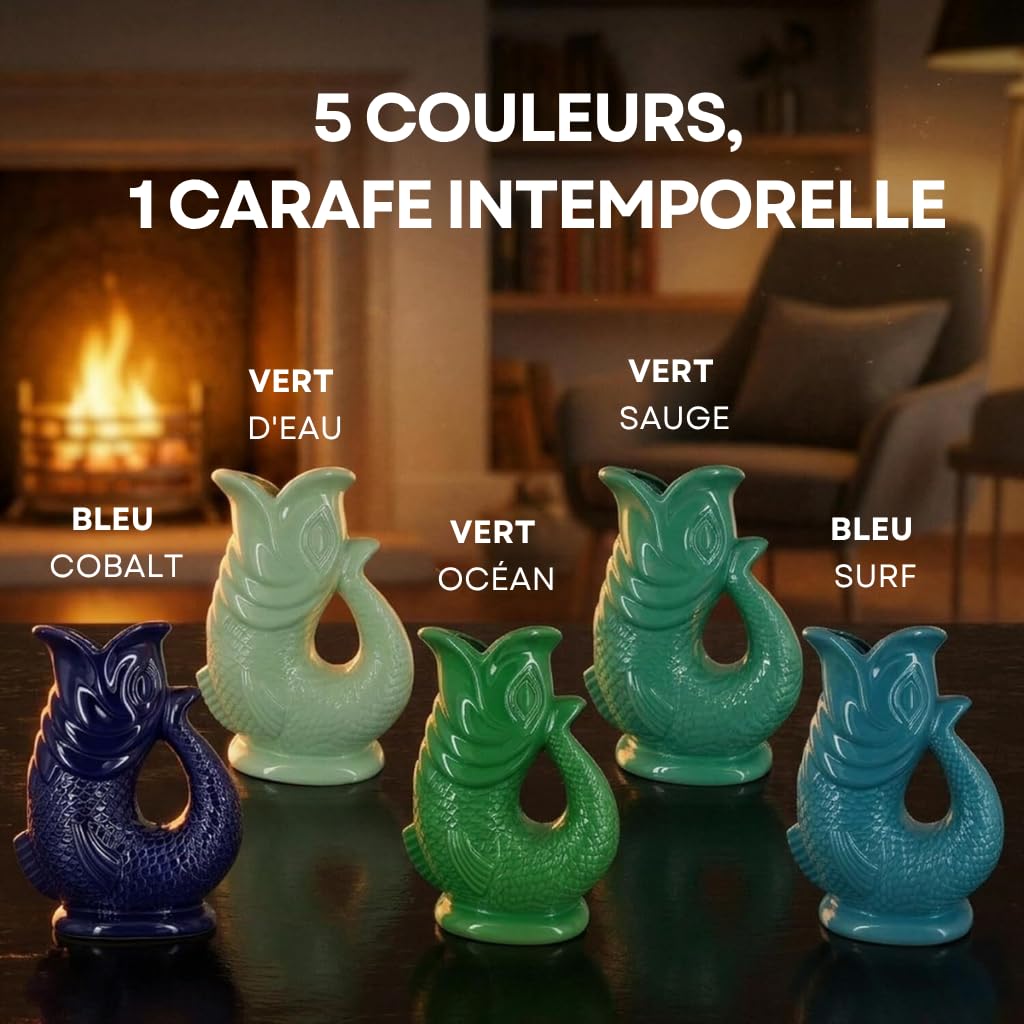 Carafe Glouglou Poisson Bubble Jug, Vase Pichet Vert Océan Foncé, Très Grand Pichet 1,5 Litre, Pièce Décoration Maison en Céramique pour les Cocktails, l'Eau et le Gin