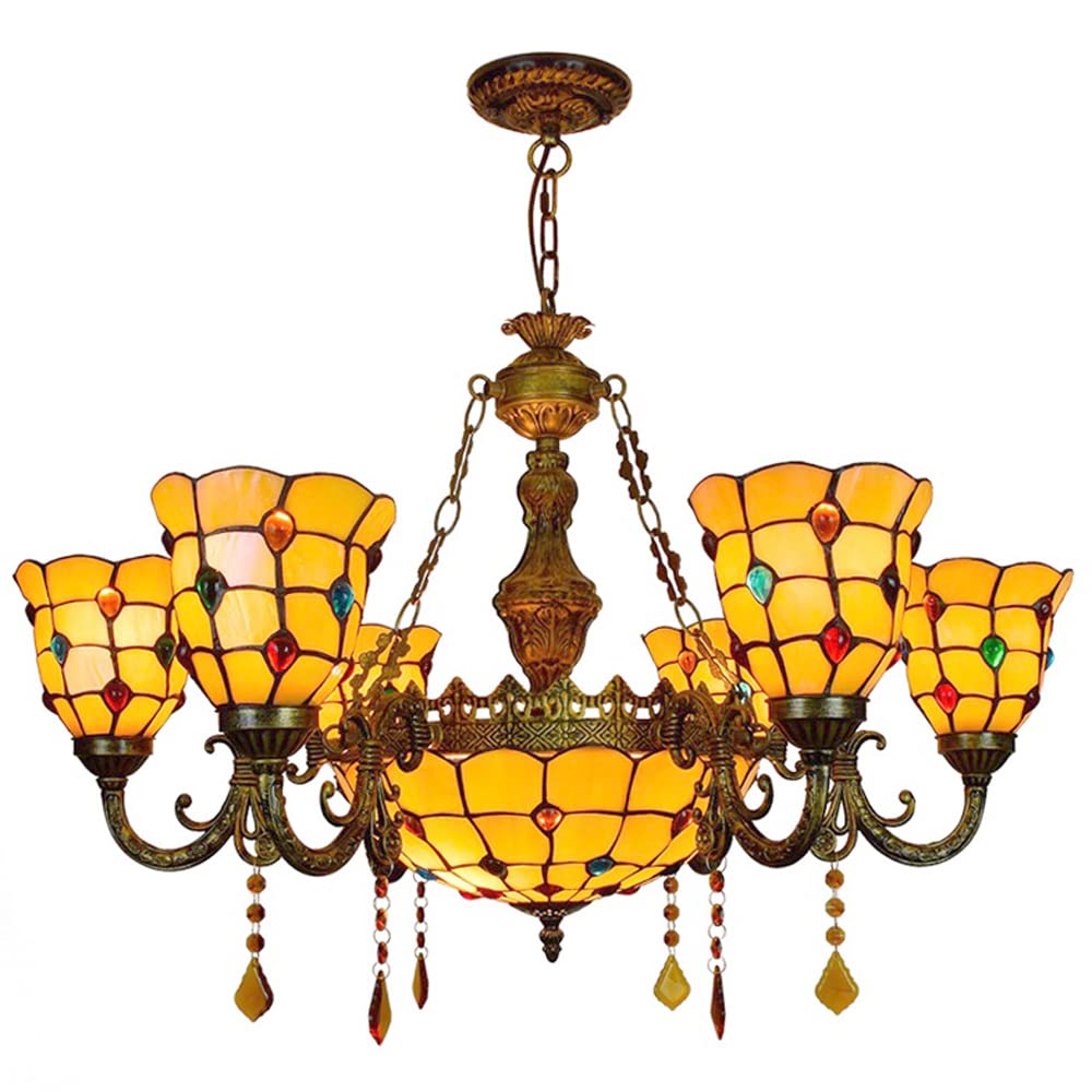 FYZDLAOR 6+1-Light Chandelier,with Colorful Beads Lampshade Pendant Light Light Fixtures,Tiffanystyle Stained Glass Hanging Light Wide 32 Inch with Crystal Pendant
