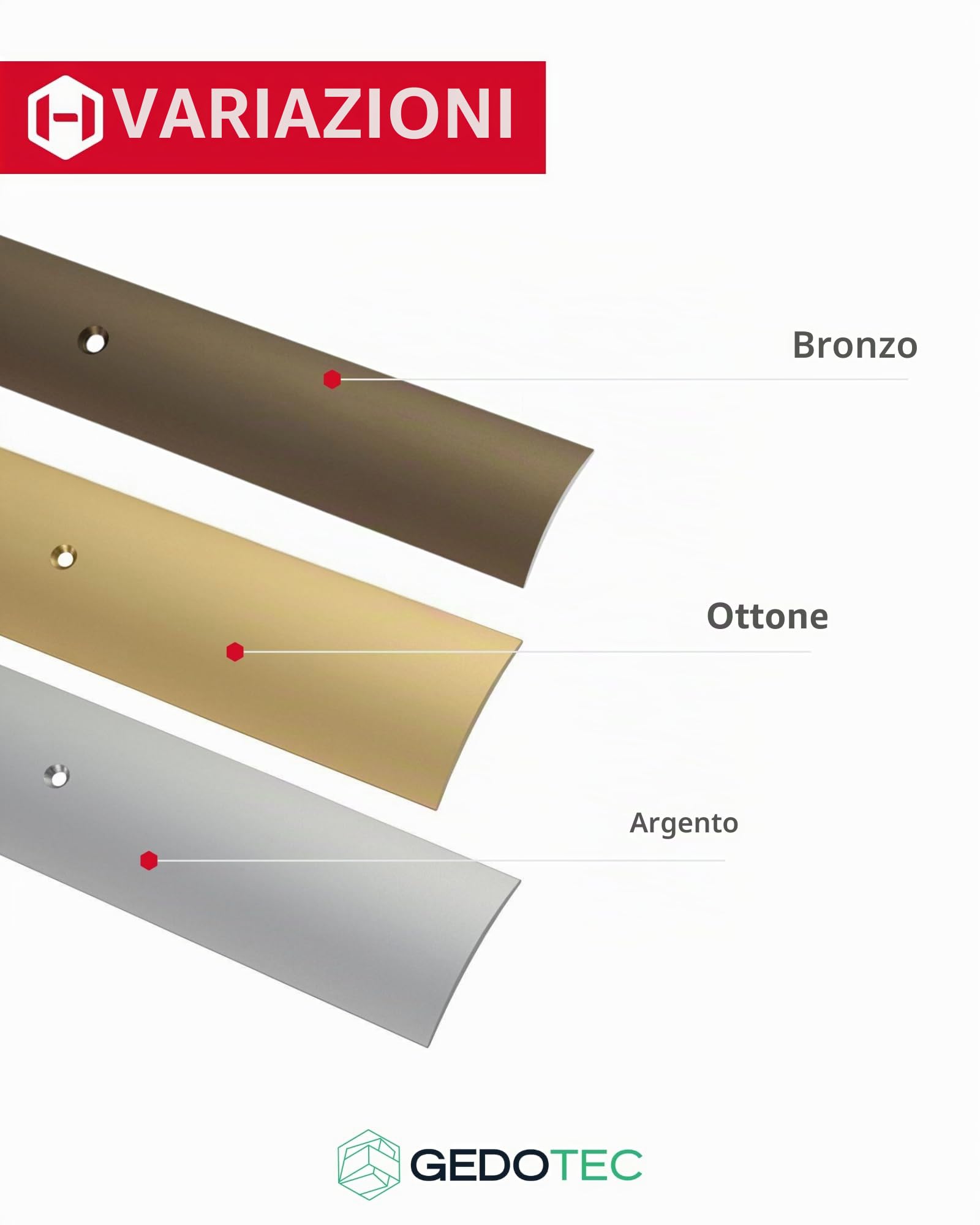 GedoTec Profilo transizione concavo perforato Alluminio anodizzato Ferroviario transizione Battiscopa Larghezza 30 - 40 - 50 mm 3 Colori 100 cm o 200 cm fatto germania - Alluminio ottone anodizzato, 50 x 2000 mm