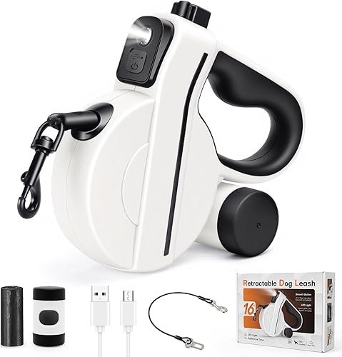 Correa retráctil para perro con luz LED cargada por USB y cinta reflectante, correa resistente de 16 pies para mascotas con soporte para bolsa de