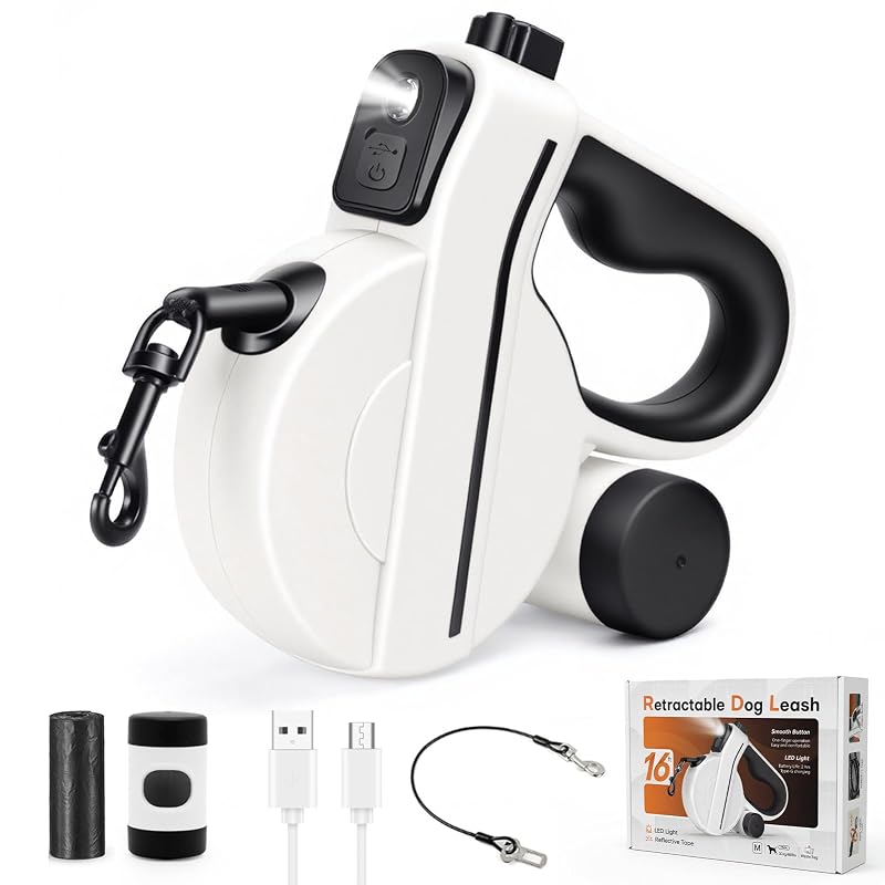 Guia Retrátil para Cães COSOWO com Luz LED Recarregável por USB e Fita Refletiva, 4,88 m, Preta