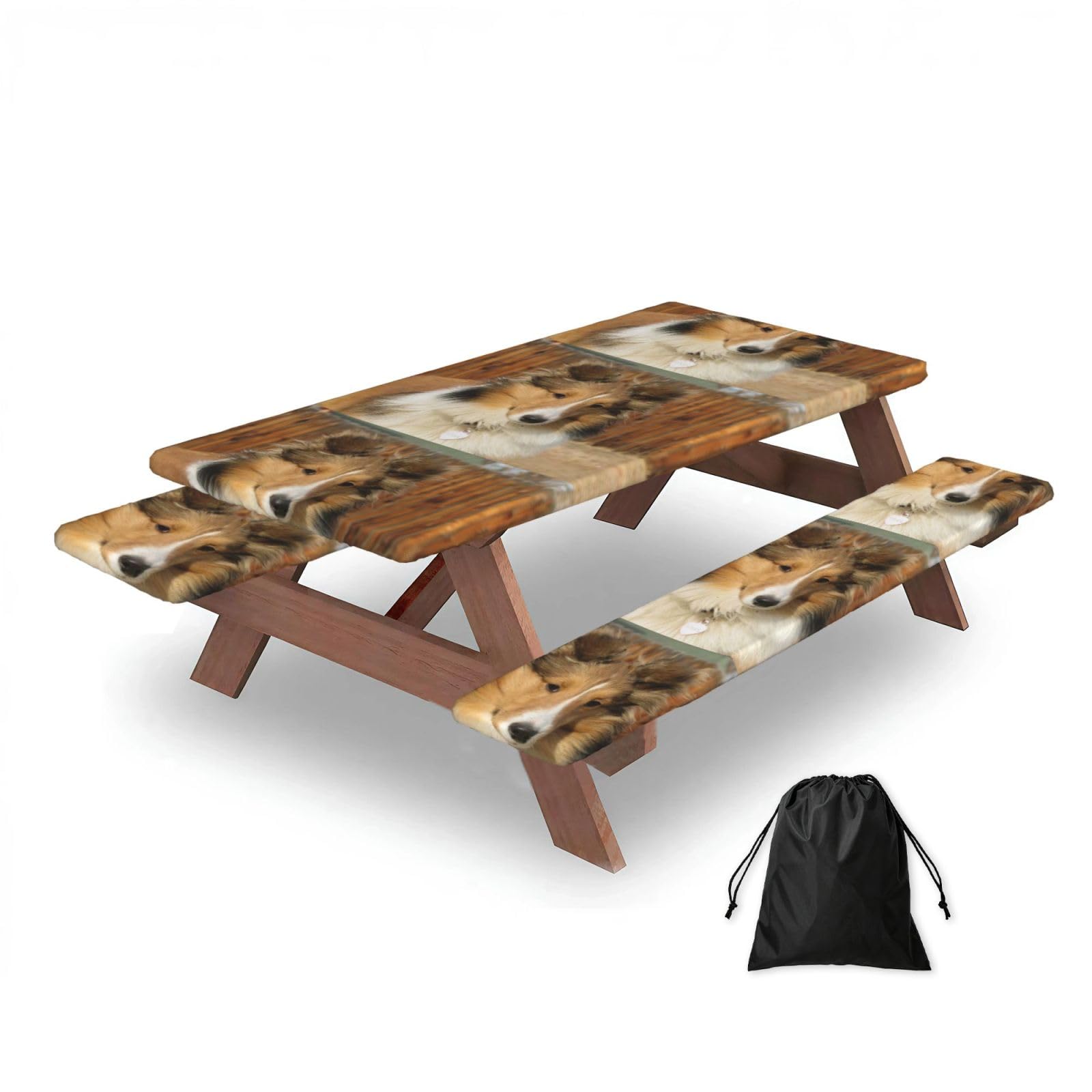 Lovely Sheltie Dog, Picnic Table Cover With Bench Covers -Waterproof Elastic Fitted Tablecloth for Garden Camping Patio 76x152cm