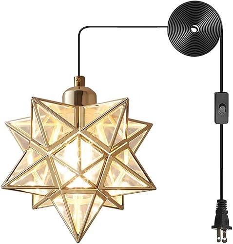 AECBUY Lámpara colgante de techo dorada, lámpara colgante de estrella de PVC transparente y metal, lámpara colgante vintage, cable e interruptor