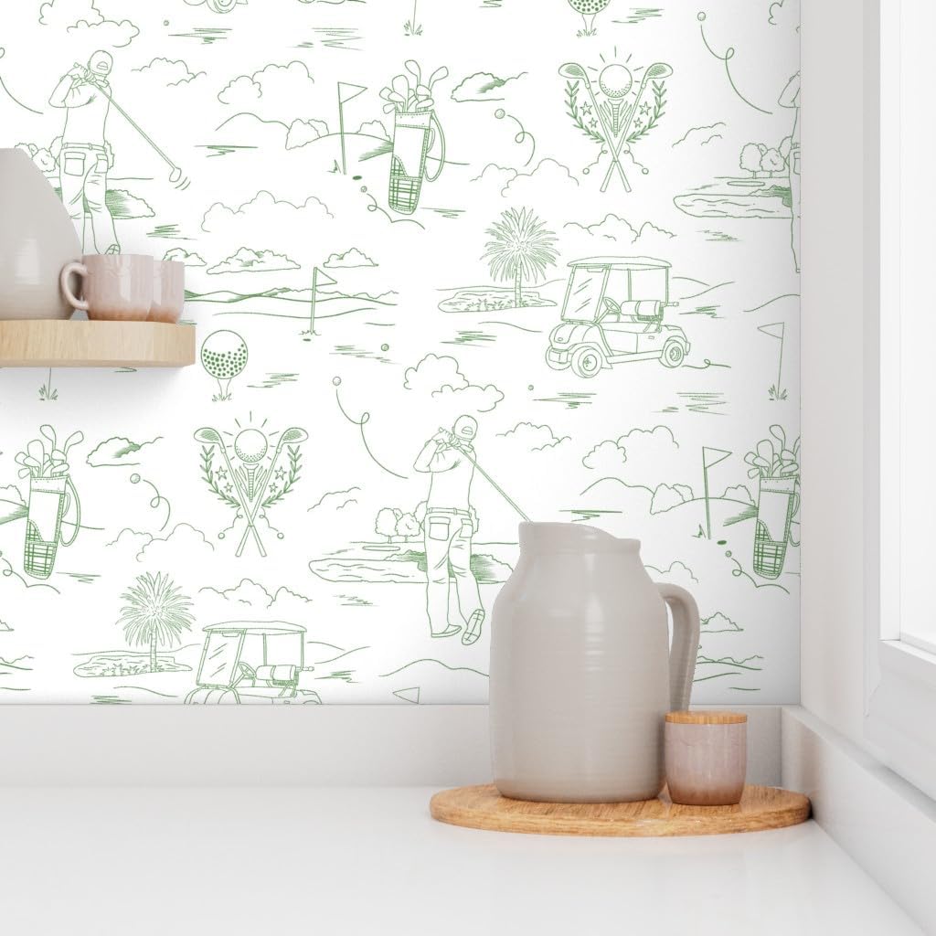 Removable Wallpaper 3ft x 2ft - Preppy Golfer Modern Toile Whimsical Father's Day Green and White Golf Clubs Tee Time Cart Course Custom Pre-Pasted Wallpaper by Spoonflower
