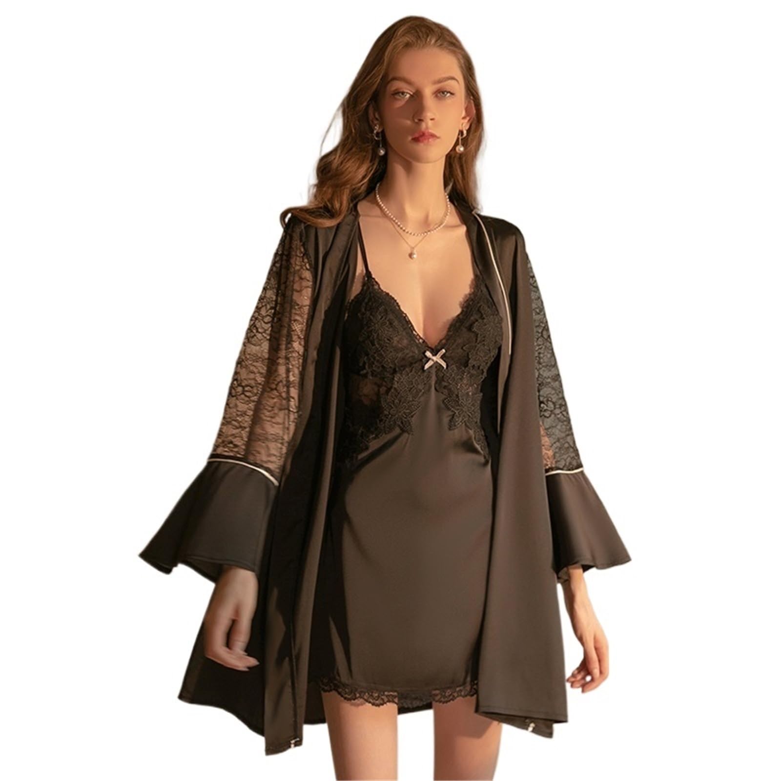 Conjunto de lencería Sexy con Encaje y Tirantes, Camisones de Novia, Kimono de satén, Bata de baño for Mujer, Pijama for Estar en casa