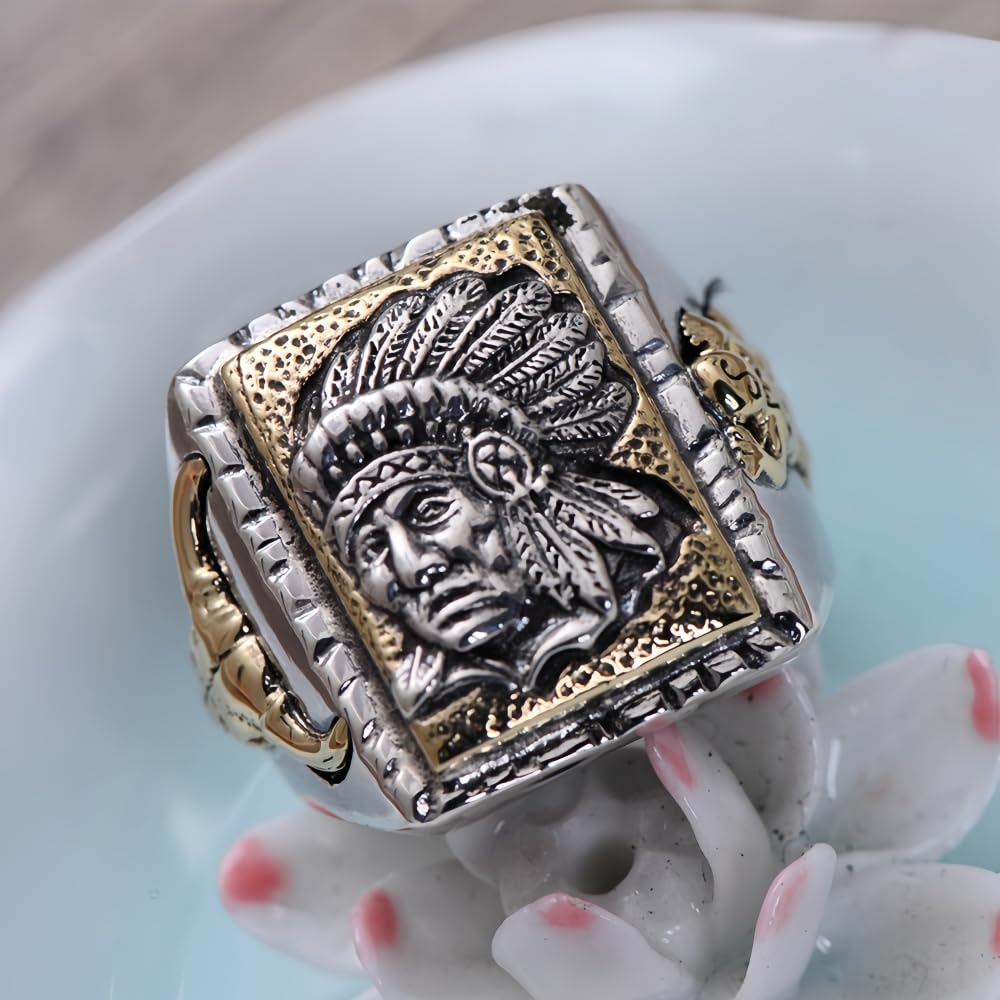 Echt 925 Sterling Silber Tribal Indianer Chief Kopf Ring Indianerschmuck für Herren Offen Verstellbar