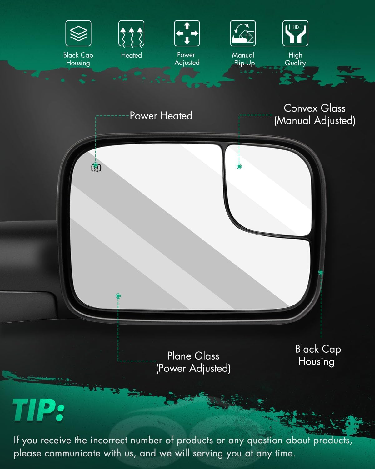 SCITOO For Dodge Towing Mirror Passenger Side Rear View Mirror for 1998-2001 For Dodge For Ram 1500 2500 3500 with Power Control Heated Manual Telescoping and Manual Folding Feature