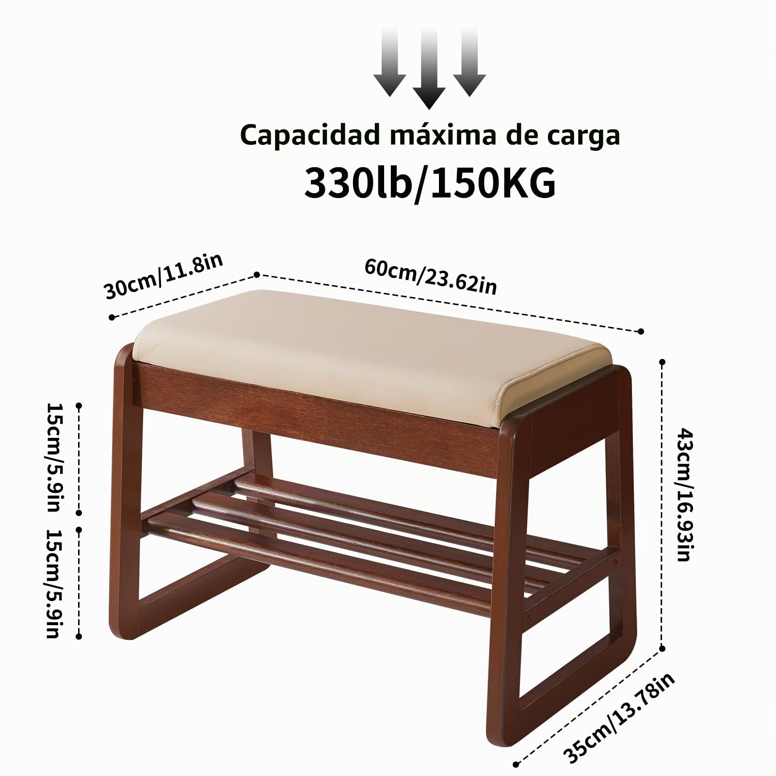 Aibiju Banco Zapatero con Cojín, de Madera Maciza de 2 Niveles y Tapa Abatible, Zapatero de 60 cm para Entrada, Sala, Pasillo y Dormitorio, Color Nogal YD-WD060B