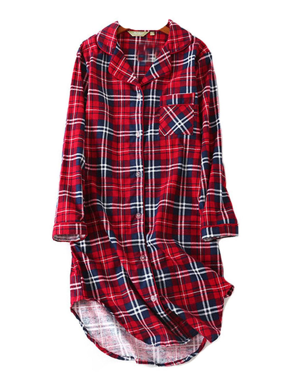 Women Nightshirt Button Down Long Sleeve Cotton Sleep Shirt Nightdress Nightie Sleepwear Plus Size Red