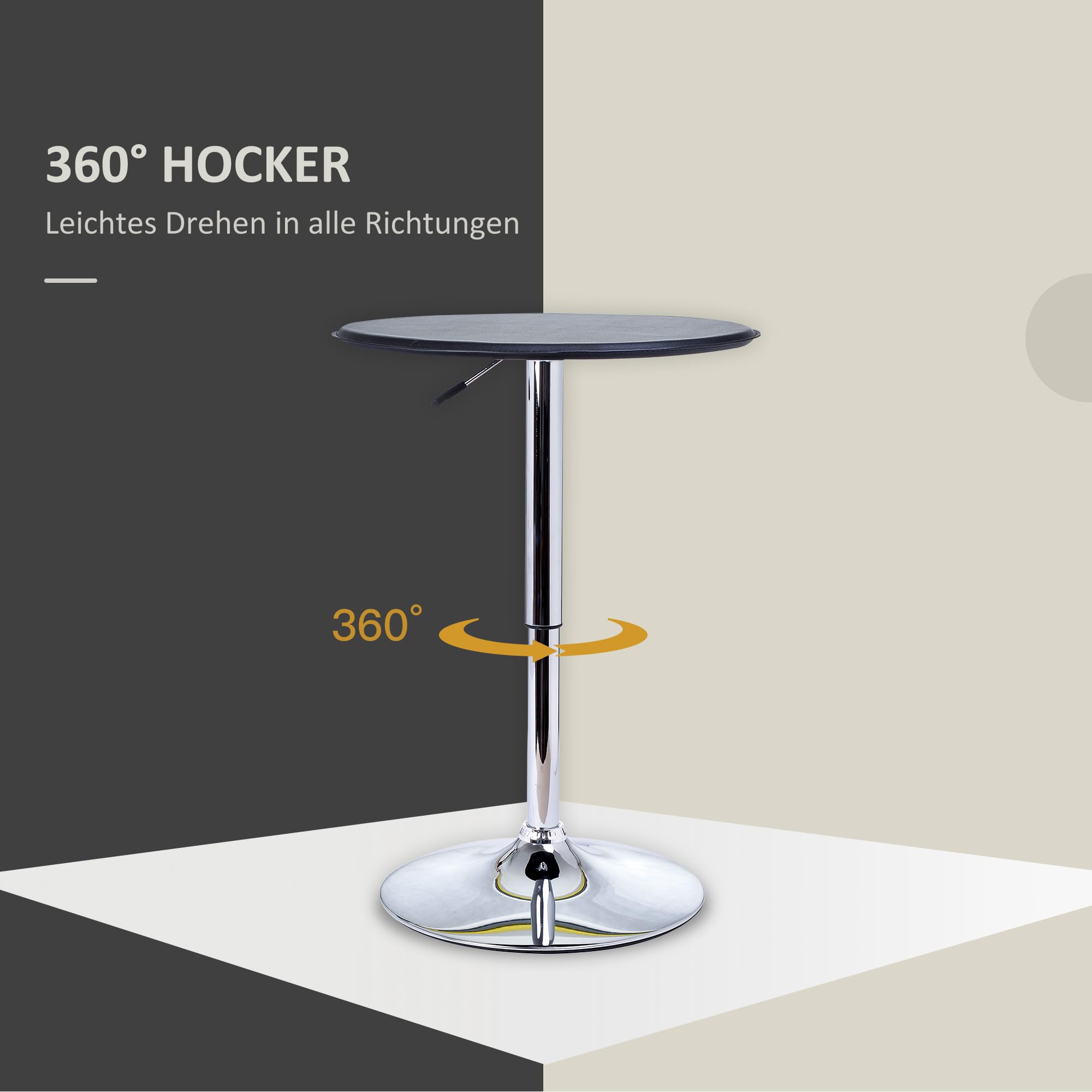 HOMCOM Bartisch Esstisch Stehtisch Tresentisch, Küchentisch für Wohnzimmer, Esszimmer, Chromstahl, Kunstleder, Schwarz, Ø63 x 67-93 cm