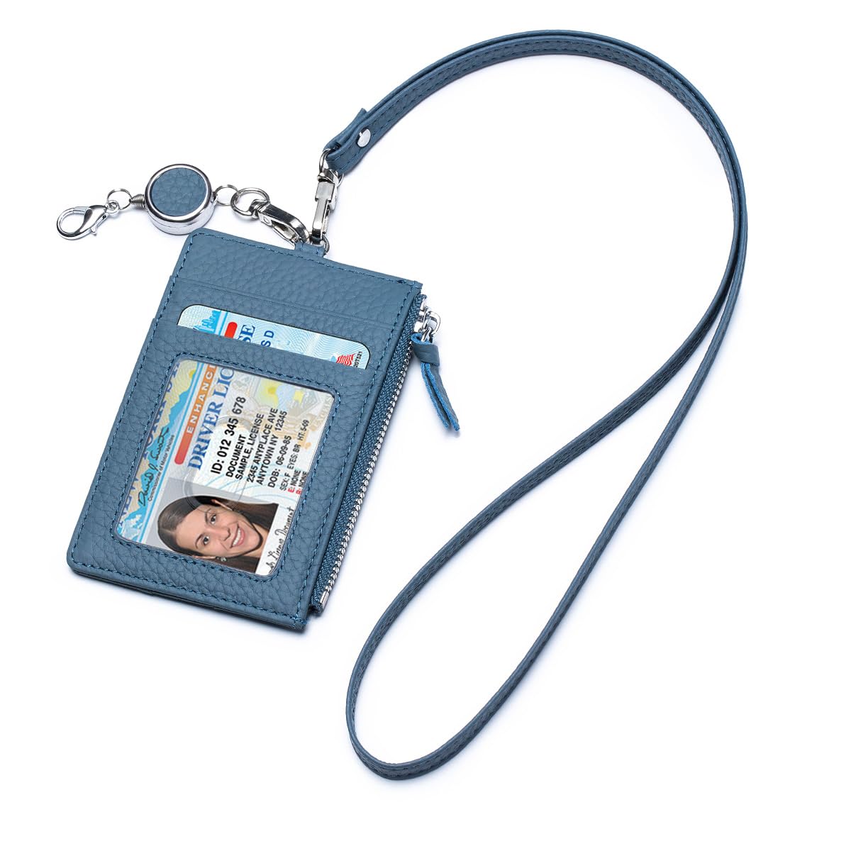 Karmiir Étui ID en cuir avec cordon, porte-badge minimaliste et fin, porte-carte pour femmes et hommes, étui ID de mode avec fenêtre transparente, poche zippée et enrouleur de badge rétractable (Bleu)