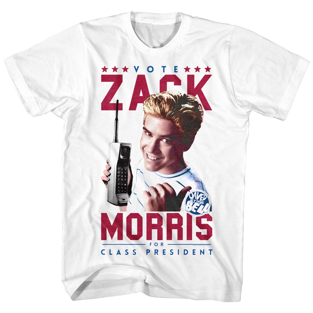 American ClassicsSaved by The Bell 80s Comedy Sitcom Vote Zack Morris President Adult T-Shirt Tee