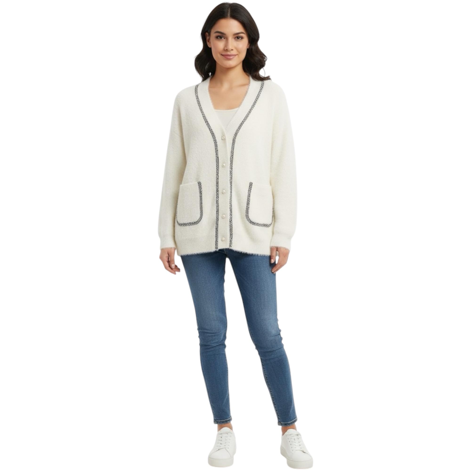 XL Off-White Oversized Cardigan Women’s Wool Blend Long Sleeve Contrast Piping Pocket Sweater-image-32