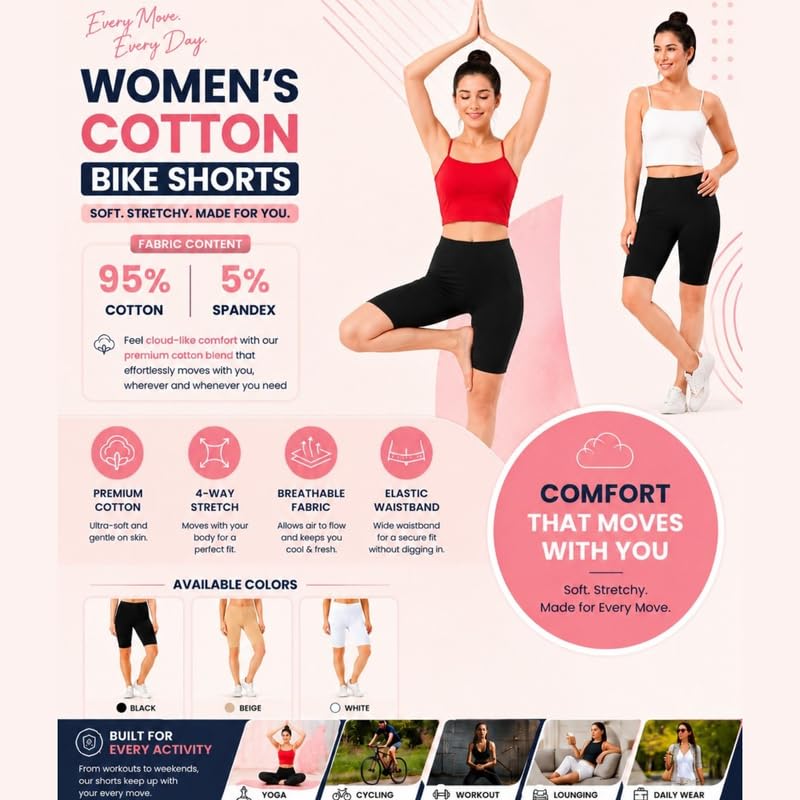 Image of Women's Cotton Lycra Cycling Shorts | 95% Cotton 5% Spandex | Stretchable Knee Length Tights for Gym, Yoga & Sports