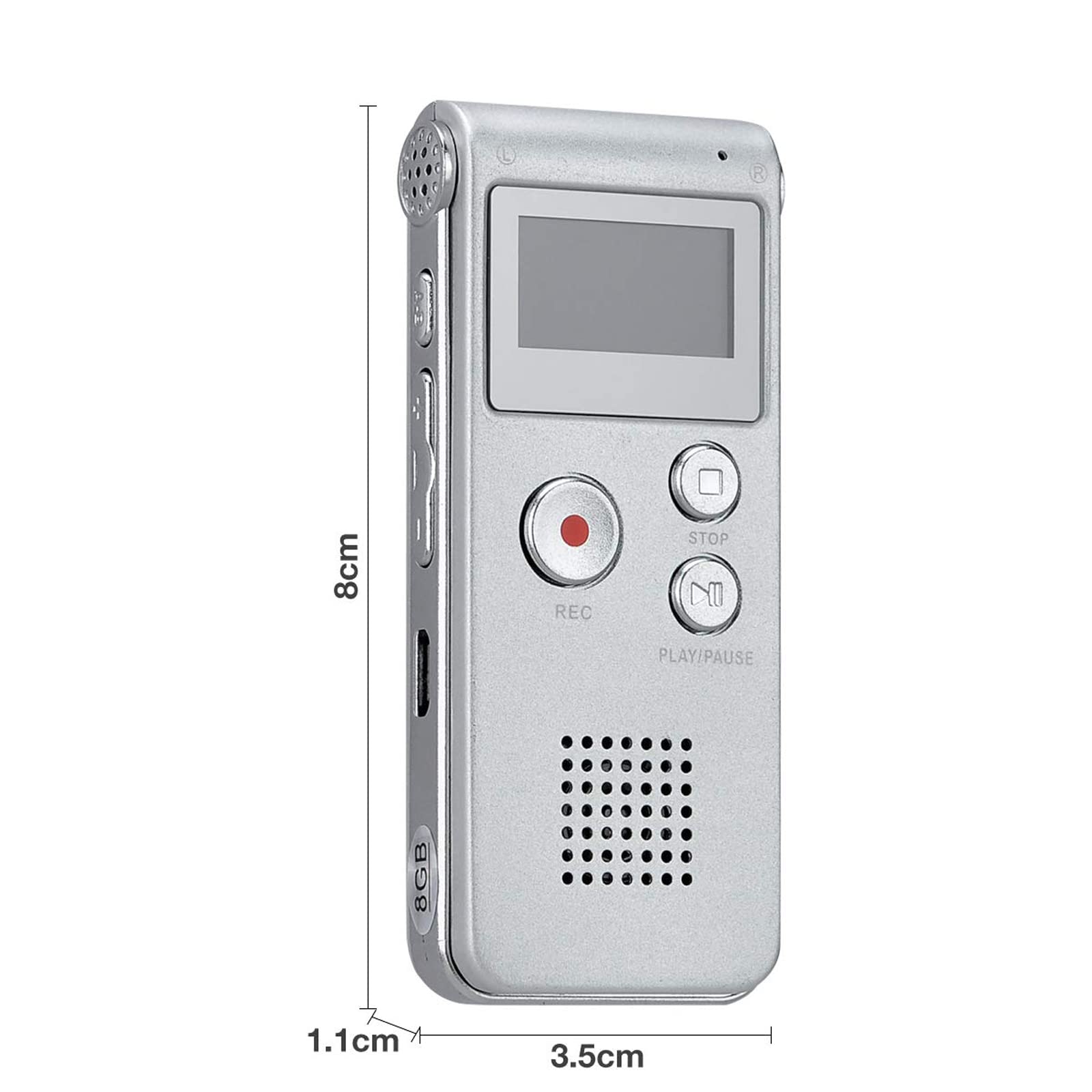 Lychee Professionale Registratore Vocale Digitale Portatile, 1536kbps,8 GB Multifunzionale USB Digital Audio Voice Recorder con Lettore MP3 (Argento)